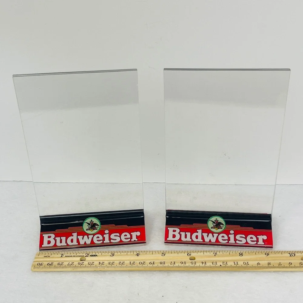 Vintage Budweiser Acrylic Table Tent Sign Holder Pair Clear Bar Menu Display 8in
